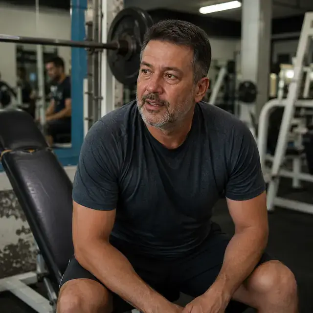 Man resting between sets at a neighbourhood gym