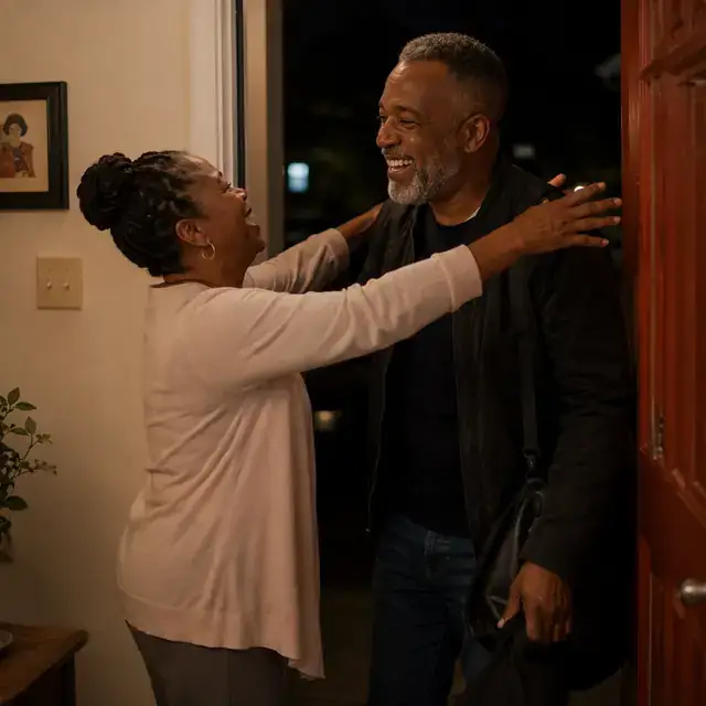 Man being greeted at the door as he arrives home