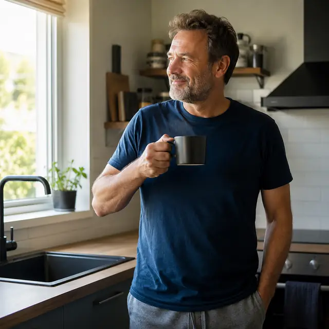 Man in his kitchen in the morning with a coffee