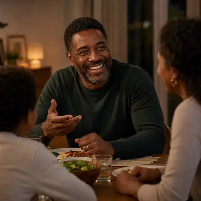 Man talking with his family around the dinner table