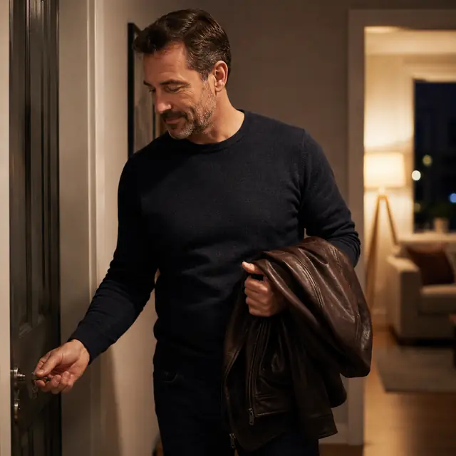 Man at his front door in the evening with a jacket over his arm